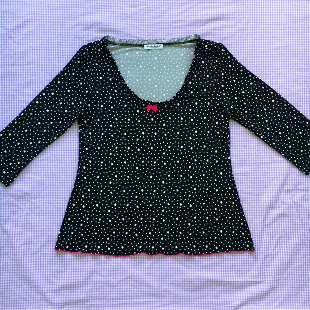Y2K Star & Polka Dot Ruffled Trim Half Sleeve Top